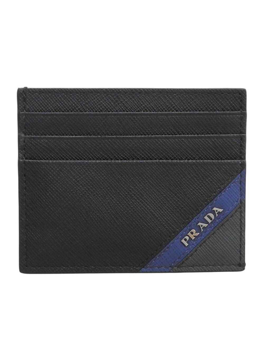 Prada Saffiano Leather Stripe Logo Business Card Case Black